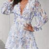 Sun Casual V Neckline Long Sleeve Open Back Floral Print