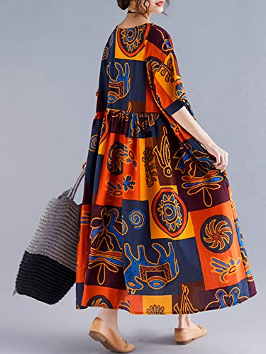 51cIr4tLz6L Women Vintage Loose Dress Contrast Color Print Half Sleeves