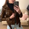 Women Plus Size Jacket Coat Faux Leather Solid Color