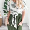 Summer Striped Ruffle Sleeves Tie Waist Pockets