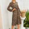Midi Leopard Dress Stylish Long Sleeves High Waist