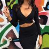 Womens Sexy Long Sleeve Cut-Out Bandage Bodycon Clubwear Midi