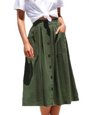 Button Front High Waist A Line Midi Skirt with Pockets