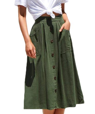 Button Front High Waist A Line Midi Skirt with Pockets