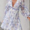Sun Casual V Neckline Long Sleeve Open Back Floral Print
