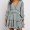 V Neck Long Sleeve Open Back Printed Mini Short Dress