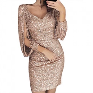 Sparkly V Neck Long Sleeve Bandage Bodycon Mini Dress