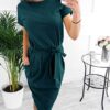 Ladies Basic Crewneck Short Belted Office Dress with Pockets