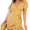Summer Women Short Sleeve Print Dress V Neck Casual Short