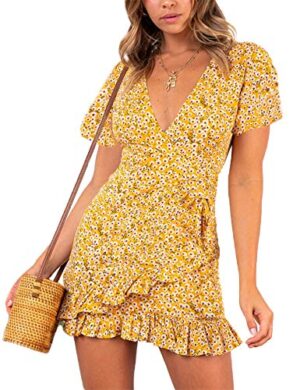 Summer Women Short Sleeve Print Dress V Neck Casual Short