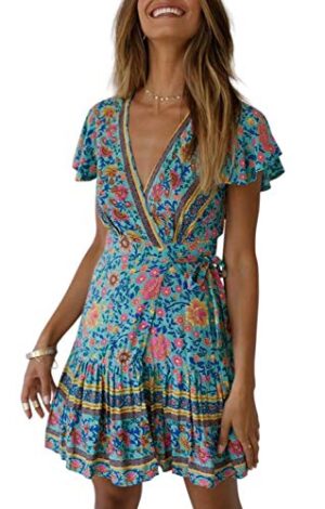 Bohemian Floral Print Ruffle Swing A Line Beach Mini Dress Green