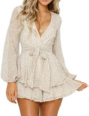 Women's Polka Dot Jumpsuits Deep V-Neck Long Sleeve