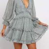 V Neck Long Sleeve Open Back Printed Mini Short Dress