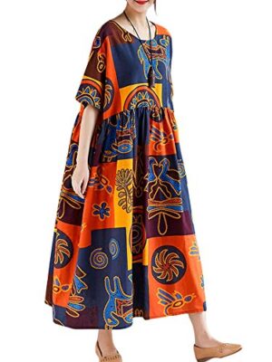 Women Vintage Loose Dress Contrast Color Print Half Sleeves