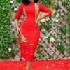 Split Half Sleeve Mid-Calf Print Round Neck Mid-Waist