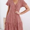 Neck Button Down Ruffles Loose Mini Short T-Shirt Dress