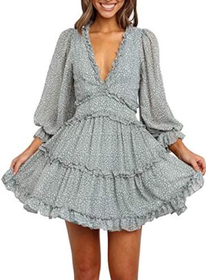 V Neck Long Sleeve Open Back Printed Mini Short Dress