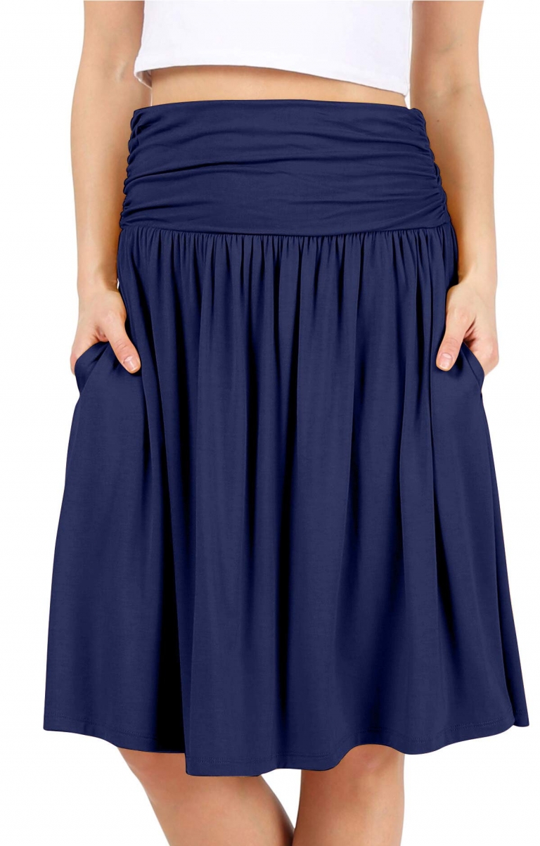 Women Knee Length Navy a Line Skirt with Side Pockets