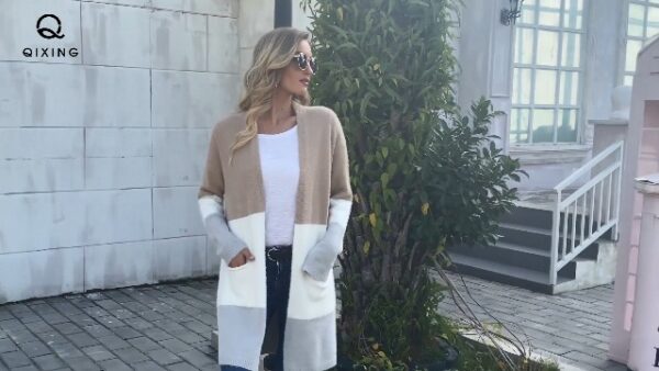 Women’s Plush Knit Cardigan with Pockets – Cozy Open Front Sweater Coat for Fall & Winter in Khaki