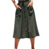 Womens A Line Midi Skirt Elastic Waist Front Button Casual