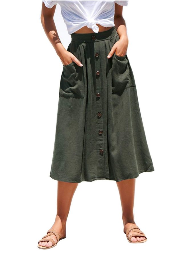 Womens A Line Midi Skirt Elastic Waist Front Button Casual