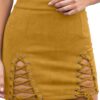 Criss Cross Lace-Up Bodycon Mini Skirt for Girls in Yellow with Side Slit
