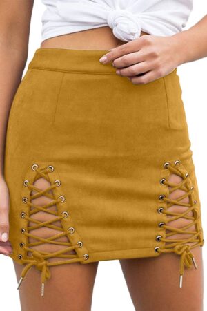 Criss Cross Lace-Up Bodycon Mini Skirt for Girls in Yellow with Side Slit