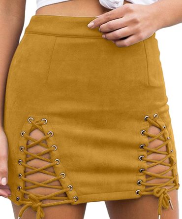 Cross Lace Up Slit Bodycon Night Out Mini Skirt Yellow