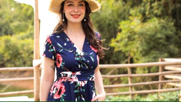 61JPPkEkNXL.SL1500 Women's Summer V-Neck Pattern Knee-Length Dress - Versatile Elegance for Any Occasion, Floral Beauty with Pockets Included