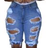 Trendy distressed denim shorts with hole details and a slim-fit design, perfect for casual wear and outdoor adventures. 