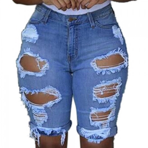 Trendy distressed denim shorts with hole details and a slim-fit design, perfect for casual wear and outdoor adventures. 