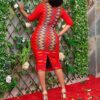 Split Half Sleeve Mid-Calf Print Round Neck Mid-Waist
