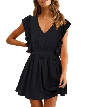 Women's Casual Summer V Neck Ruffle Sleeveless Stretchy