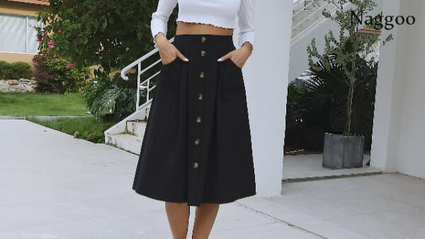Button Front High Waist A Line Midi Skirt with Pockets