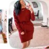 Long Sleeve Party Bodycon Sheath Belted Dress with Pockets Black