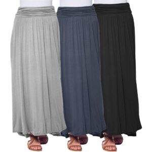 High Waisted Ruched Fold Over Elastic Waistband Flowy Long Length Skirts