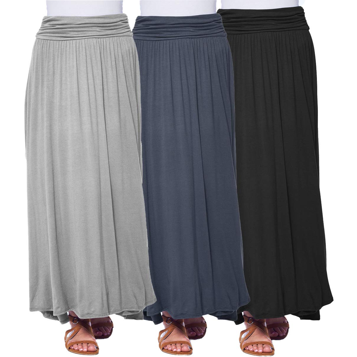 High Waisted Ruched Fold Over Elastic Waistband Flowy Long Length Skirts