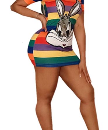Short Sleeve Rabbit Carton Printed Loose Strip Shirt Dress
