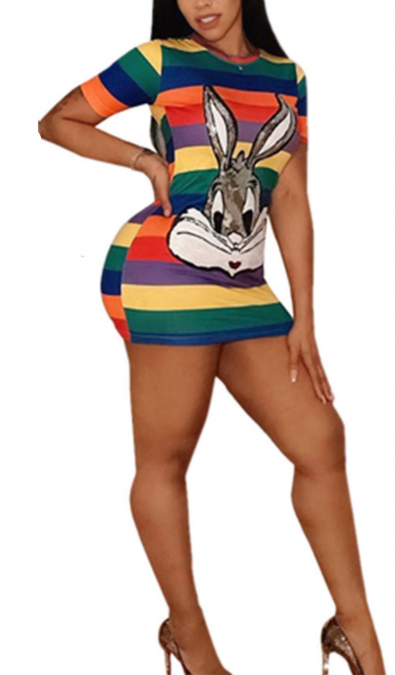 Short Sleeve Rabbit Carton Printed Loose Strip Shirt Dress