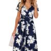 Summer Short Sleeve V-Neck Pattern Knee Length Dress with Pockets