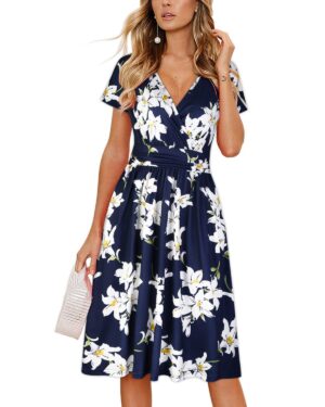 Summer Short Sleeve V-Neck Pattern Knee Length Dress with Pockets