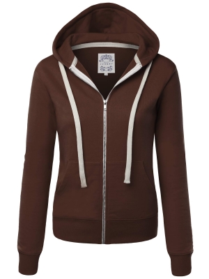 Women's Active Fleece Zip-Up Hoodie in Coffee color, featuring a slim fit, color-blocked zipper, and practical patch pockets for everyday wear. 