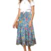 Women's Boho Floral Print Elastic High Waist Pleated A Line Midi Skirt