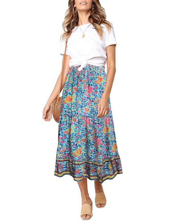 Women's Boho Floral Print Elastic High Waist Pleated A Line Midi Skirt