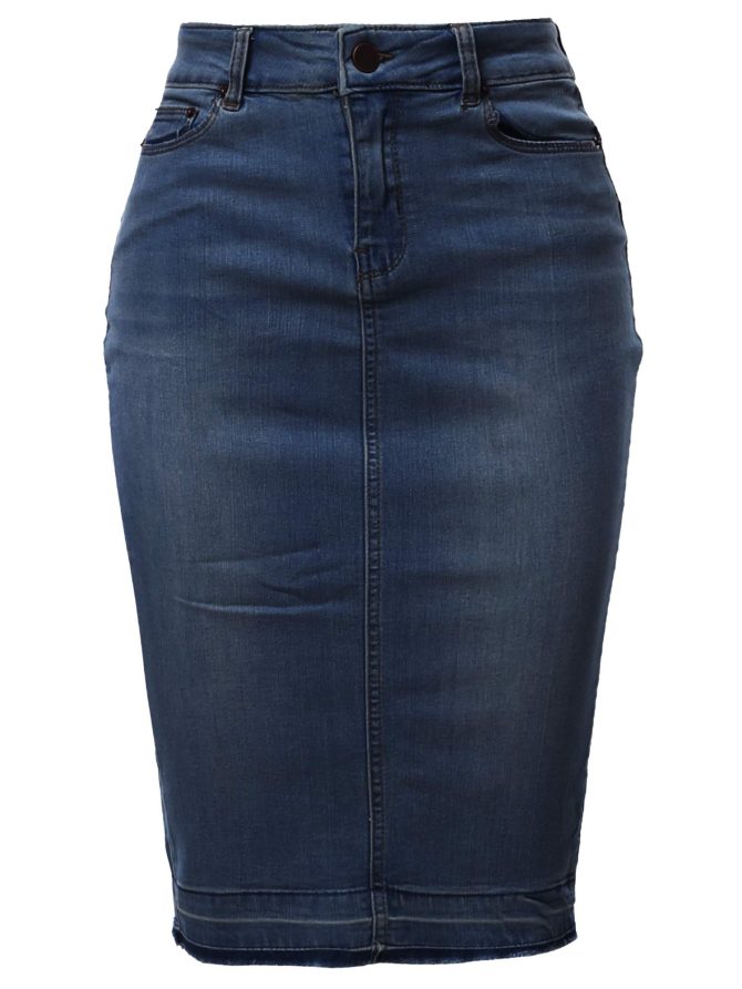 Rayon Knee Length Back Slit Denim Jean Pencil Skirt