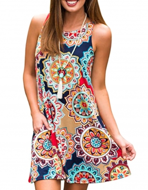 Crew Neck Floral Printed Loose T-Shirt Dresses with Pockets