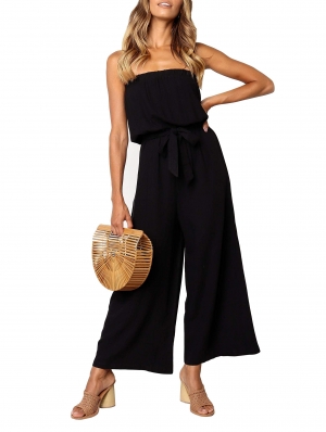 Casual Off Shoulder Solid Color Strapless Belted Wide Leg Jumpsuit Romper