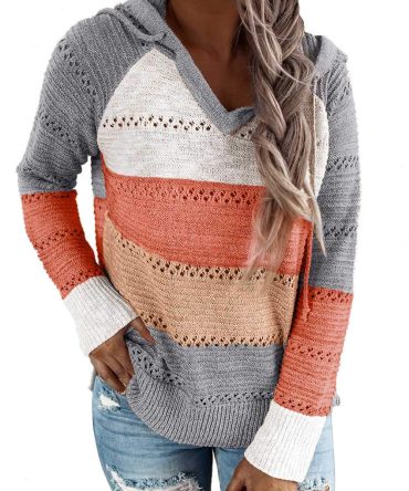 Lightweight Color Block Hooded Sweaters Knit Pullover