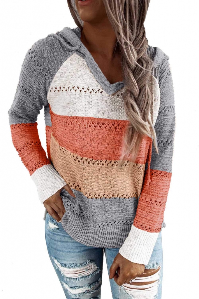 Lightweight Color Block Hooded Sweaters Knit Pullover