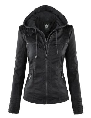 Womens Removable Hoodie Motorcyle Jacket M BLACK